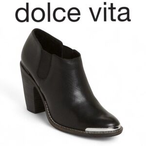 DOLCE VITA BLACK LEATHER CARLIN METAL TRIM HEELED WESTERN ANKLE BOOTIES